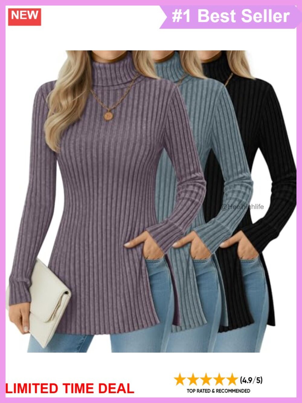 Women's Turtleneck Sweaters 3 Pack Long Sleeve Ribbed Knit Slim Fit Pullover
